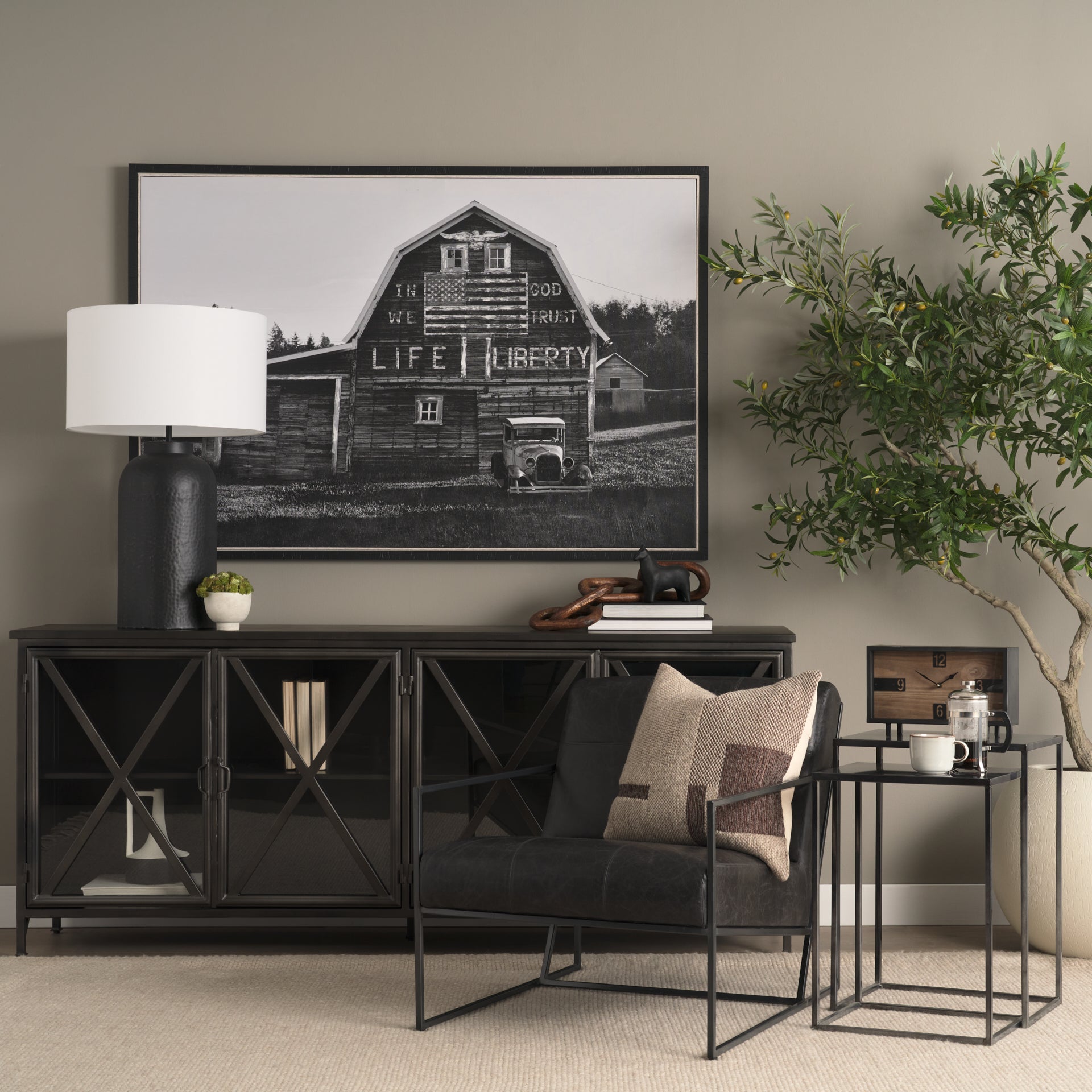 Stratton Gunmetal with Genuine Leather Upholstered Accent Chair