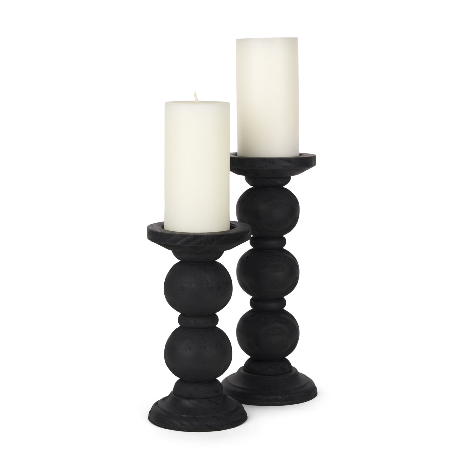 Wanda Matte Black Wood Pillar Candle Holders - Set of 2