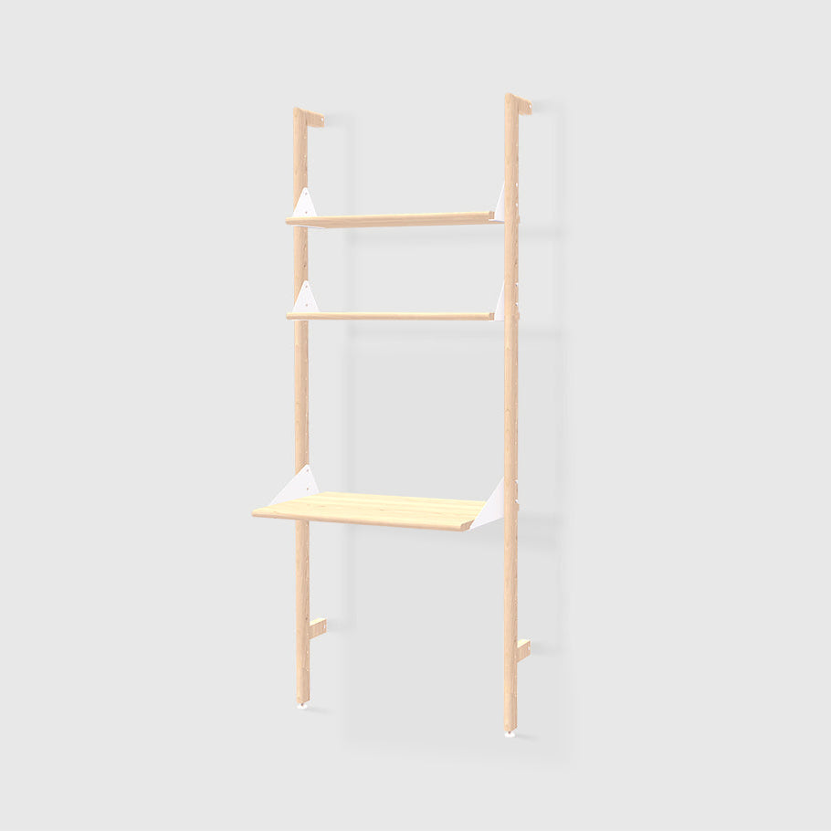 Branch-1 Shelving Unit with Desk by Gus* — blonde uprights, white brackets and blonde shelves.