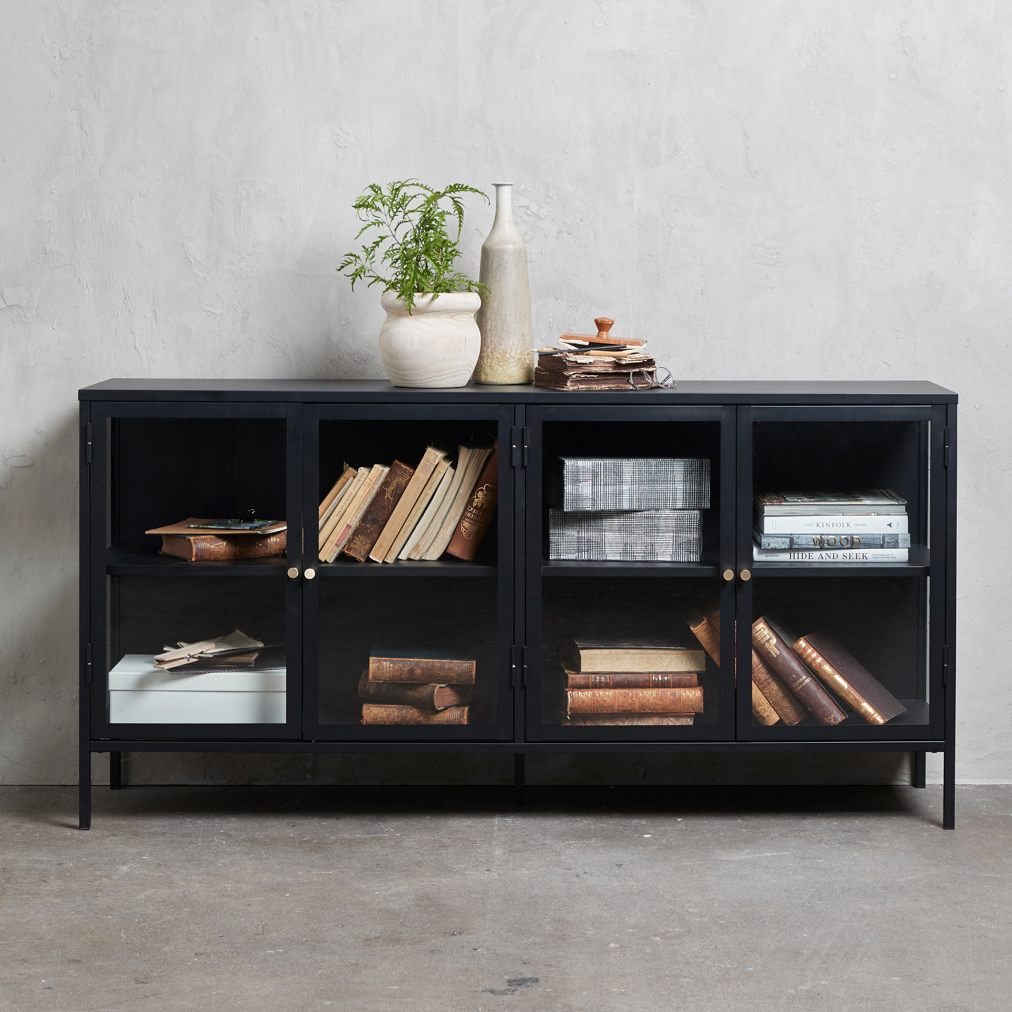 4 Section Metal and Glass Sideboard in Black