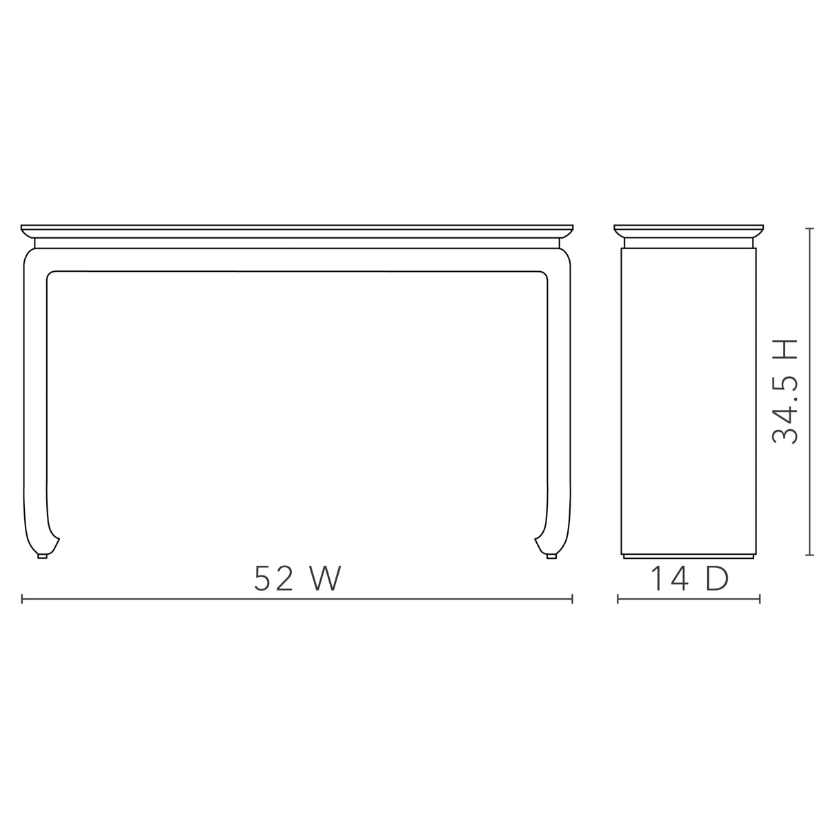 Elina Console with Glass Top dimensional diagram — 52 in. wide, 14 in. deep and 34.5 in. high.