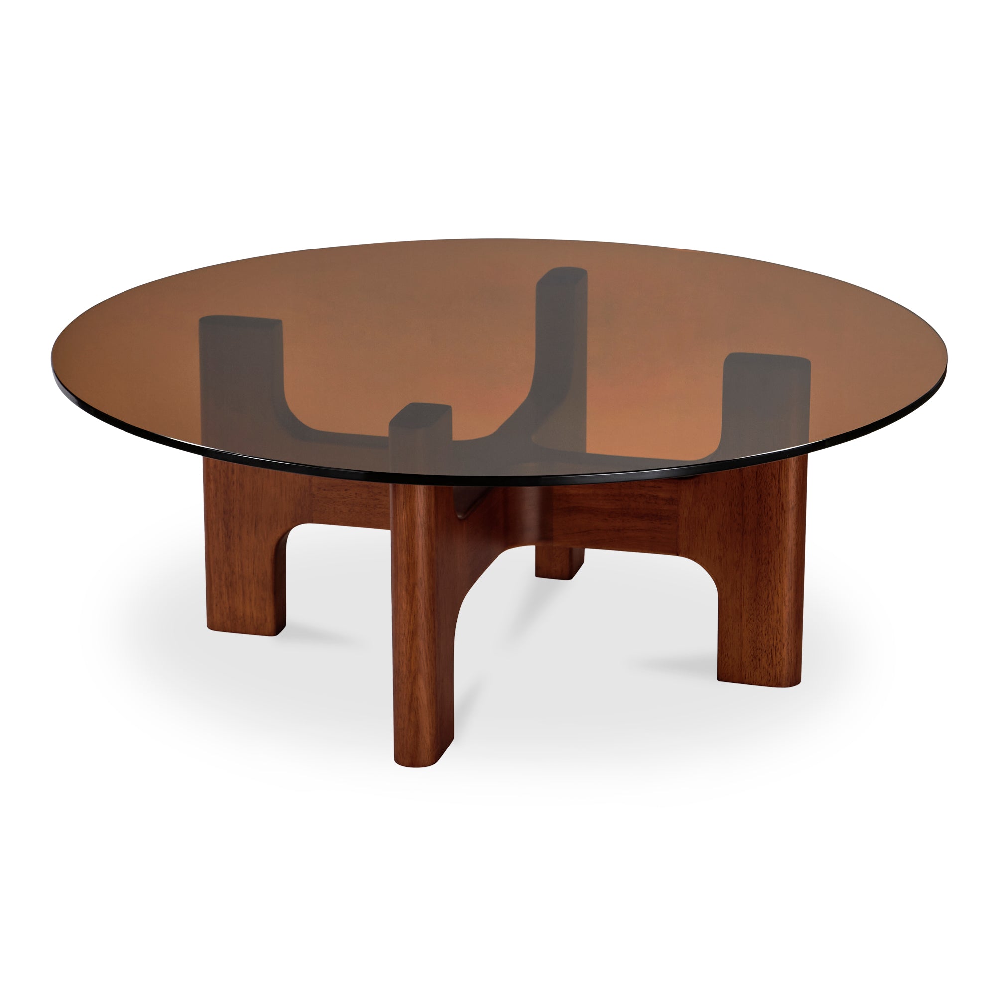 Luke Coffee Table: Vintage Amber Glass, Modern Wood Base