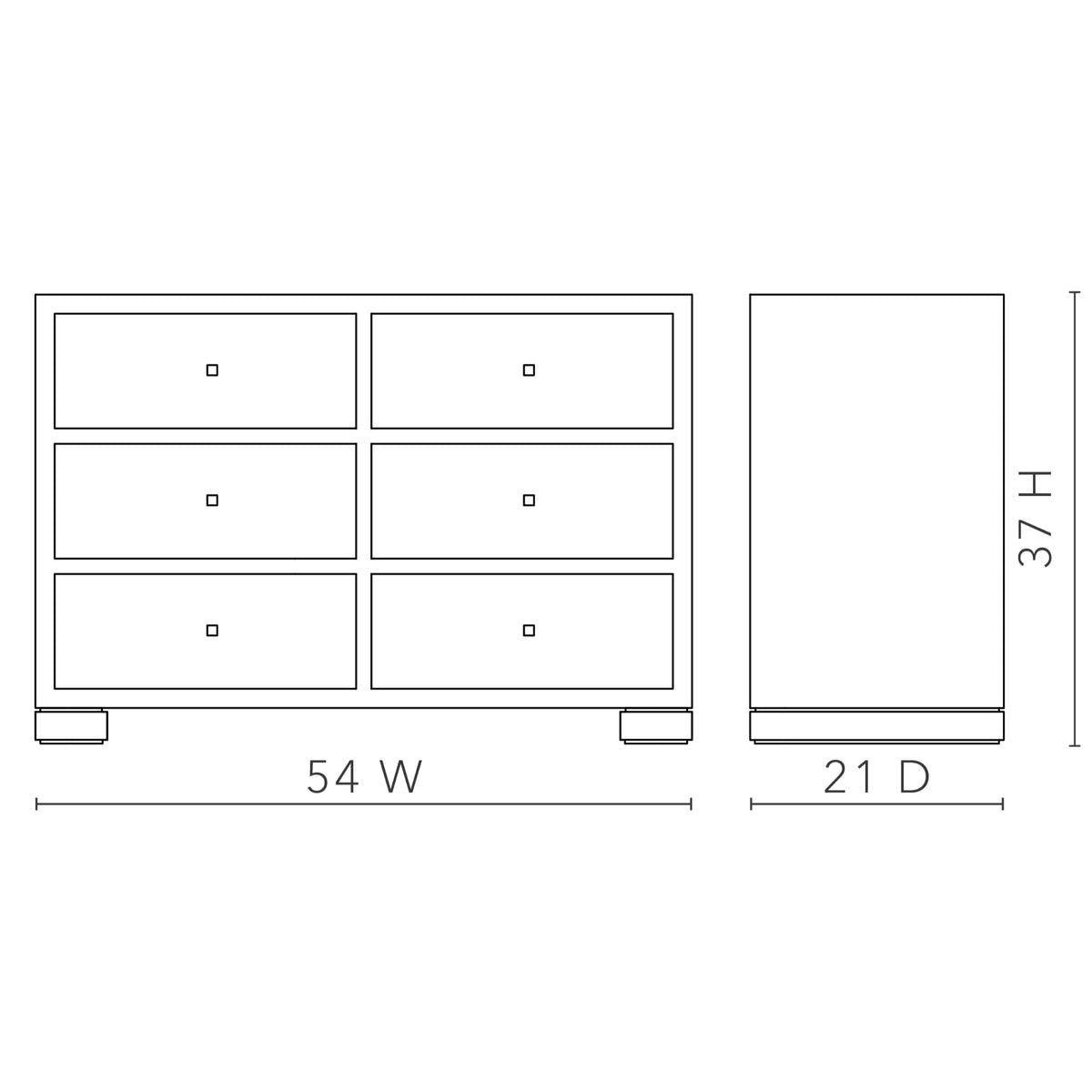 Frances Extra Large 6-Drawer with Glass Top by Villa & House — dimensional diagram, 54 inches wide, 21 inches deep and 37 inches high