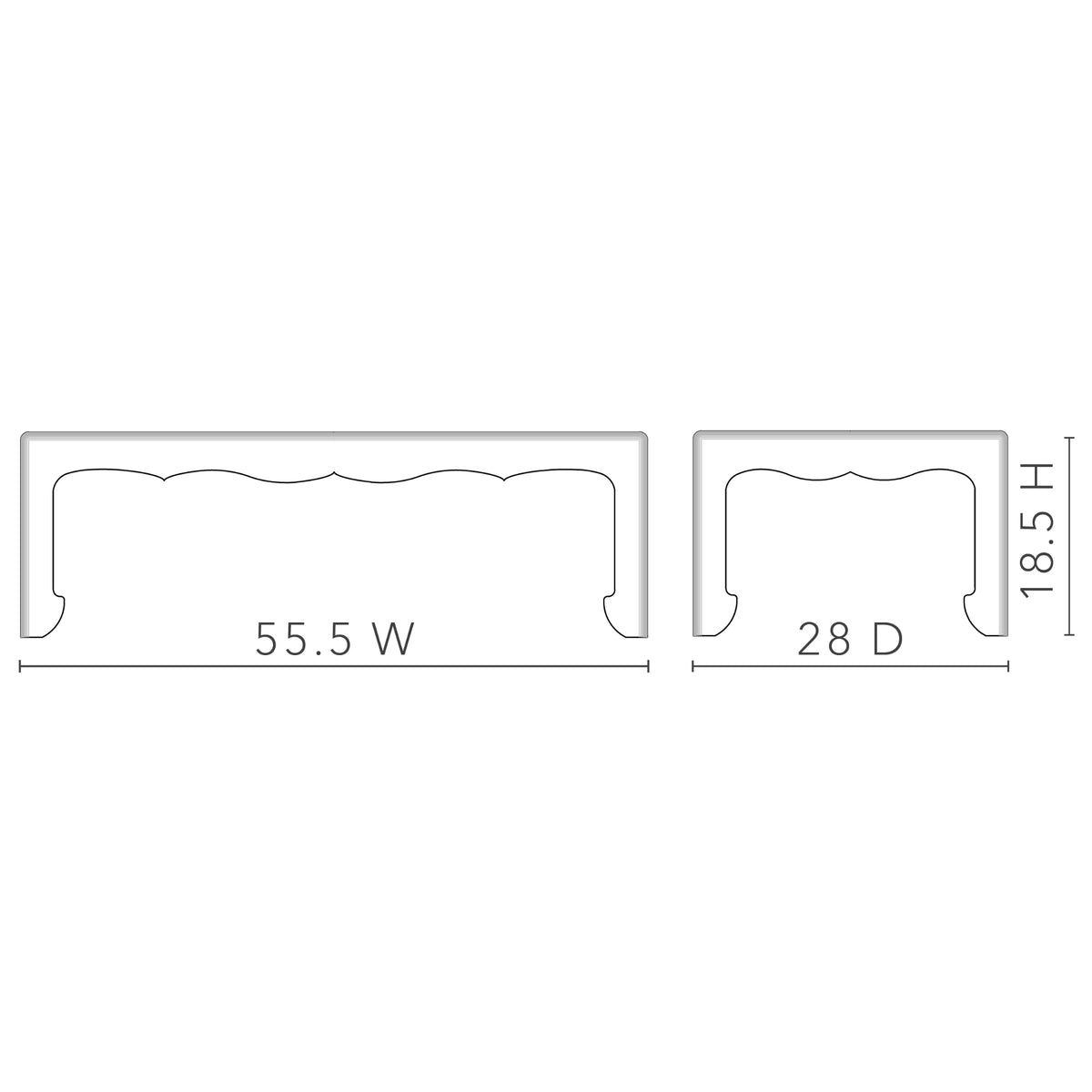 Villa & House Gianna Coffee Table dimensional diagram — 55.5-inch width, 28-inch depth and 18.5-inch height