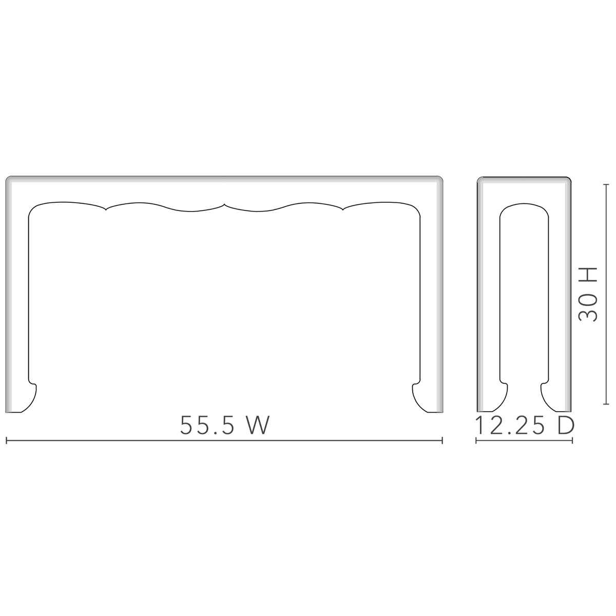 Villa & House Gianna Console dimensional diagram — 55.5-inch width, 12.25-inch depth and 30-inch height
