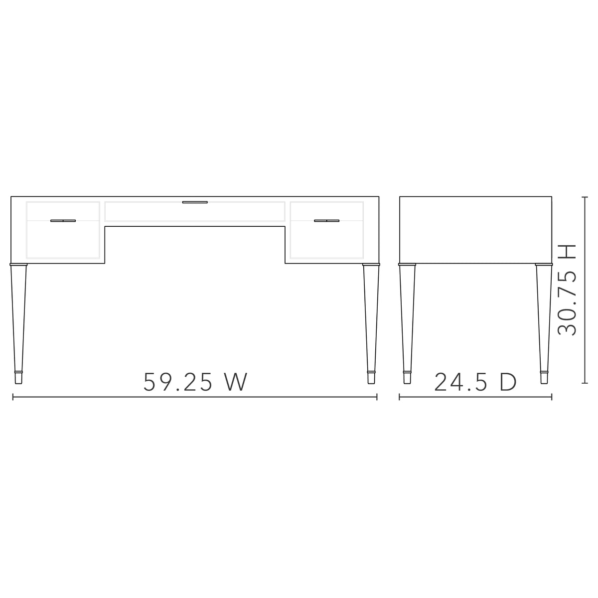 Villa & House Hunter Desk dimensional diagram — 59.25-inch width, 24.5-inch depth and 30.75-inch height