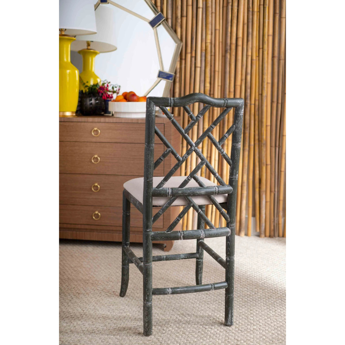 Hampton Counter Stool by Villa & House — rear view of dark gray frame and linen cushion in a furnished room