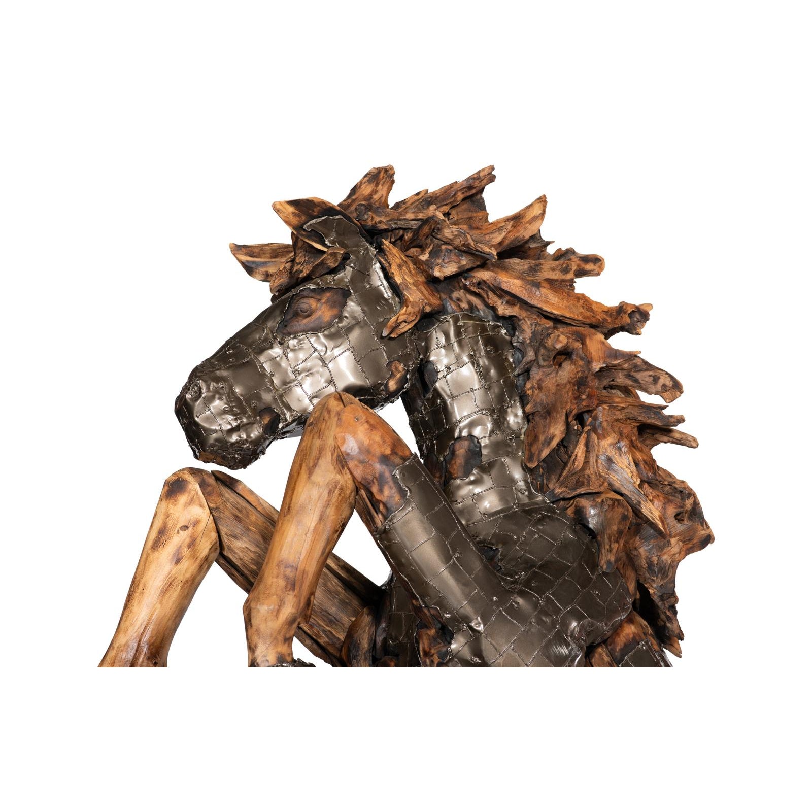 Mustang Rearing Horse Armored Sculpture - Natural Bronze