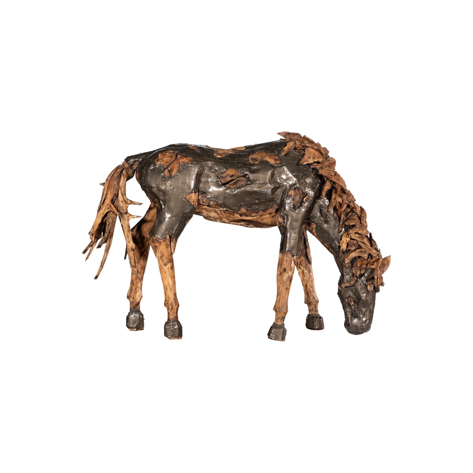 Mustang Grazing Horse Armored Sculpture - Natural Bronze