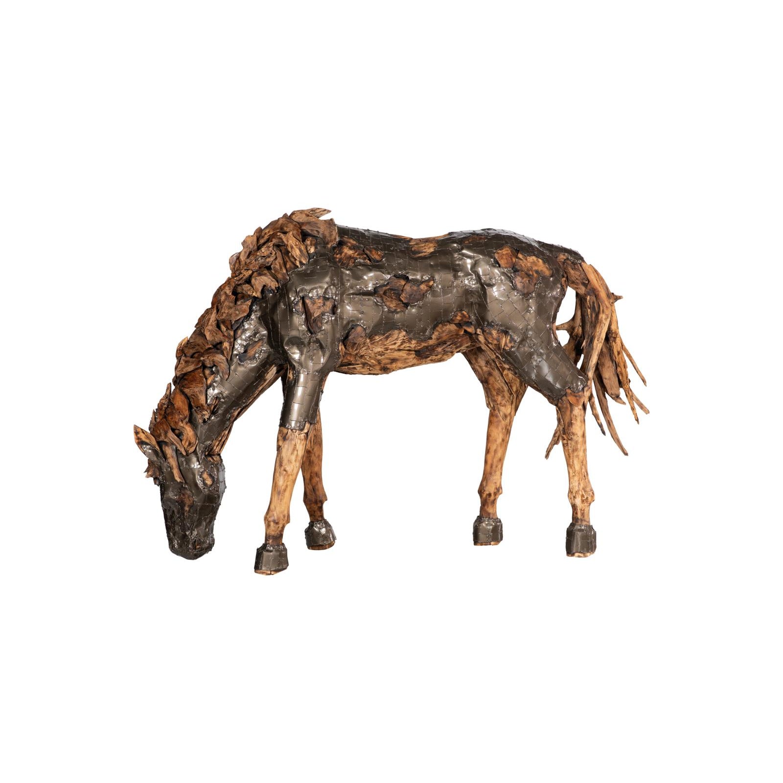 Mustang Grazing Horse Armored Sculpture - Natural Bronze