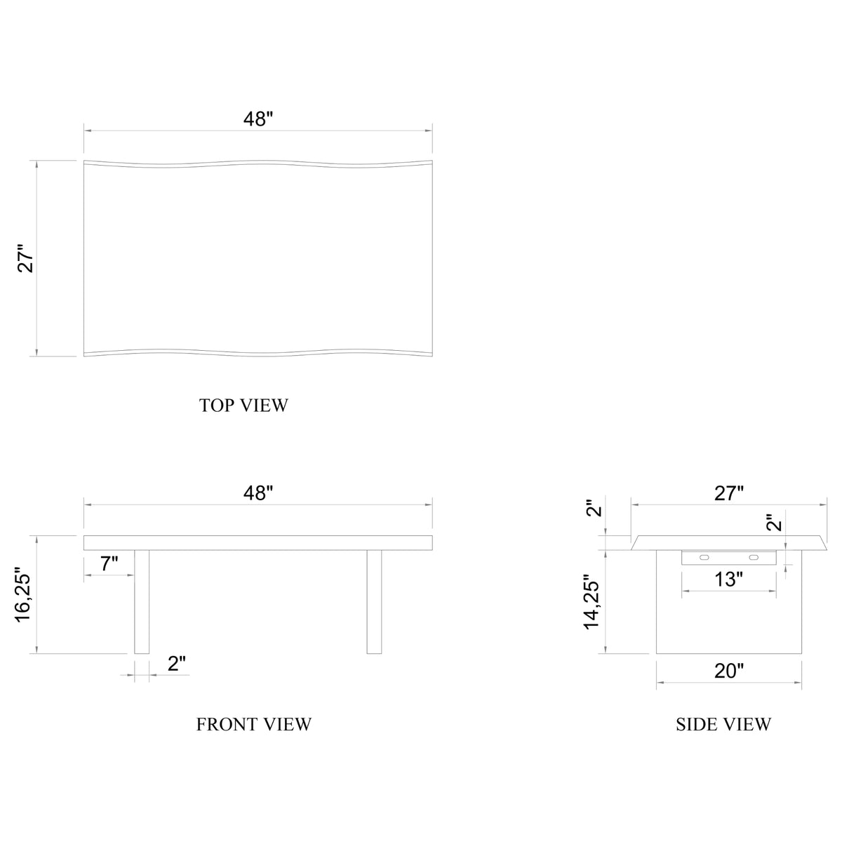 Brooks Coffee Table by Urbia — dimension diagram showing a 48 by 27-inch top and 16.25-inch height