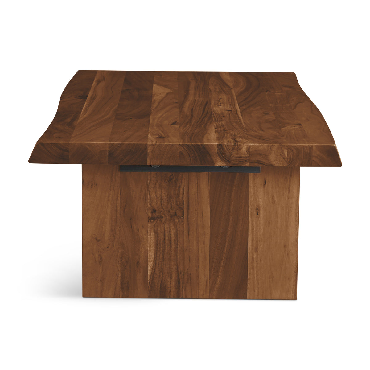 Brooks Coffee Table by Urbia — warm brown solid acacia, end-on view with centered support hardware