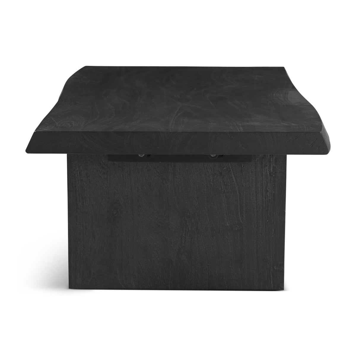 Brooks Coffee Table by Urbia — dark solid acacia, end-on view showing the top edge and slab base