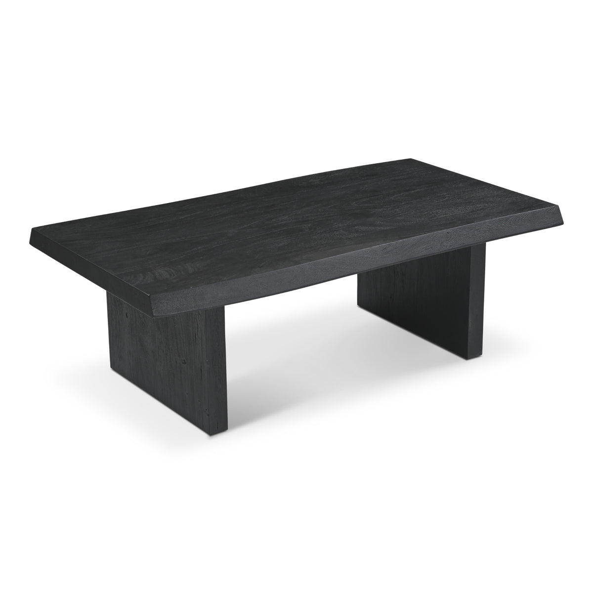 Brooks Coffee Table by Urbia — dark solid acacia, three-quarter view of the live-edge top and slab legs