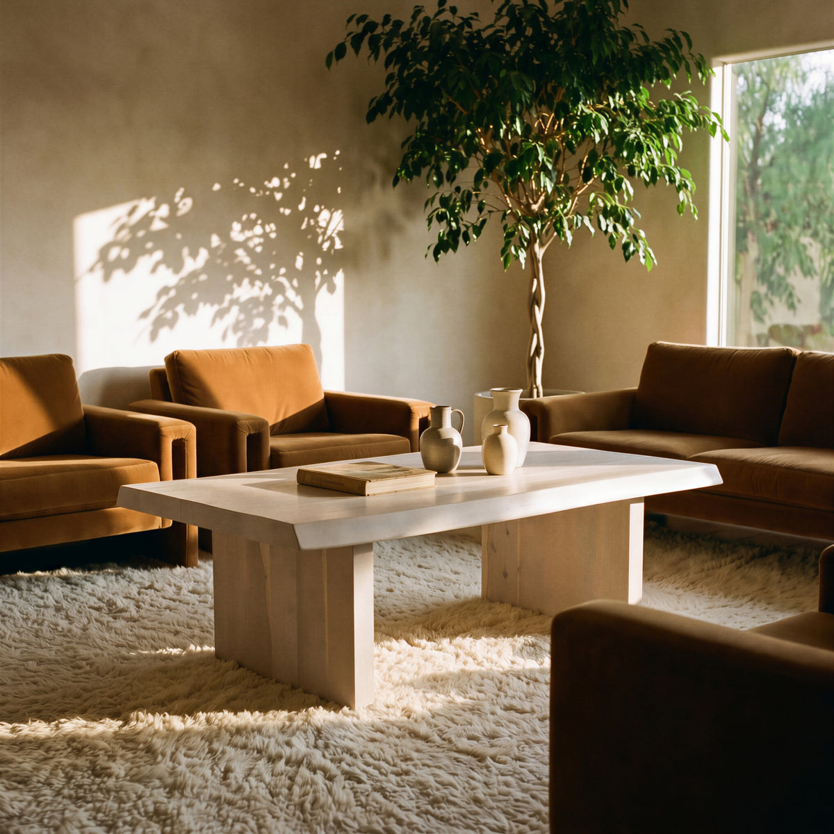 Brooks Coffee Table by Urbia — pale solid acacia table in a sunlit seating arrangement, angled view
