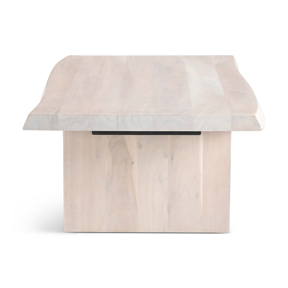 Brooks Coffee Table by Urbia — pale solid acacia, end-on view showing the top edge and slab base