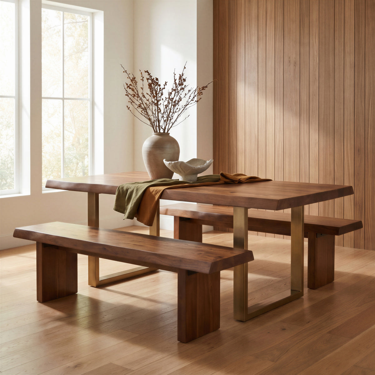 Brooks Dining Table - U Base by Urbia, rear three-quarter view with twin benches in a warm wood setting