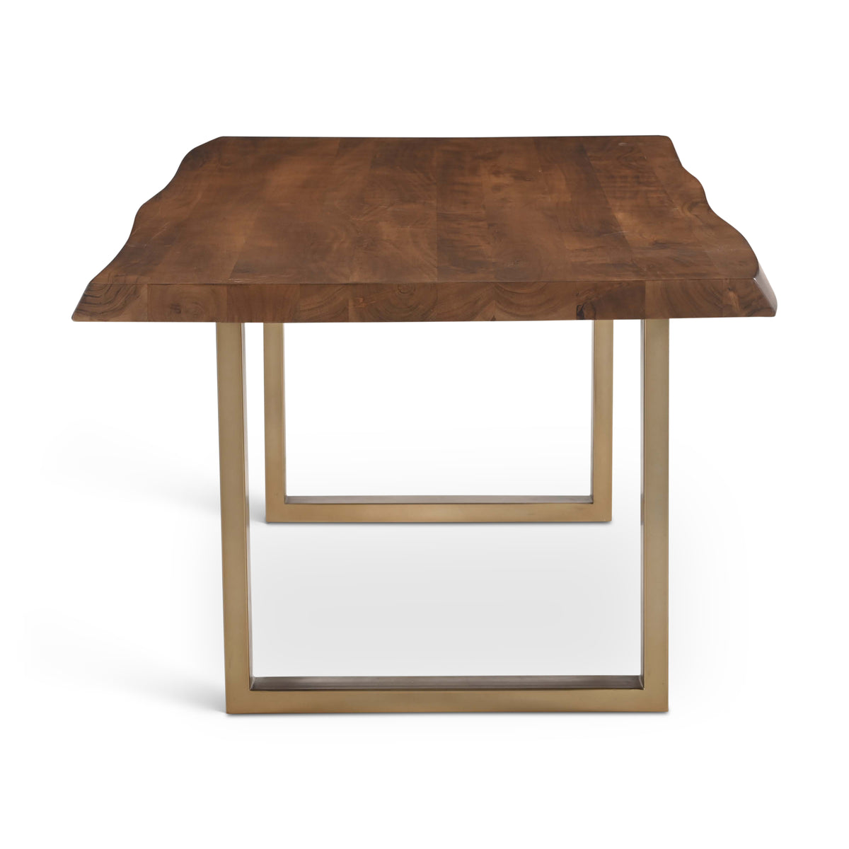 Brooks Dining Table - U Base by Urbia — end view highlighting the warm-brown live-edge top and gold-toned U frame
