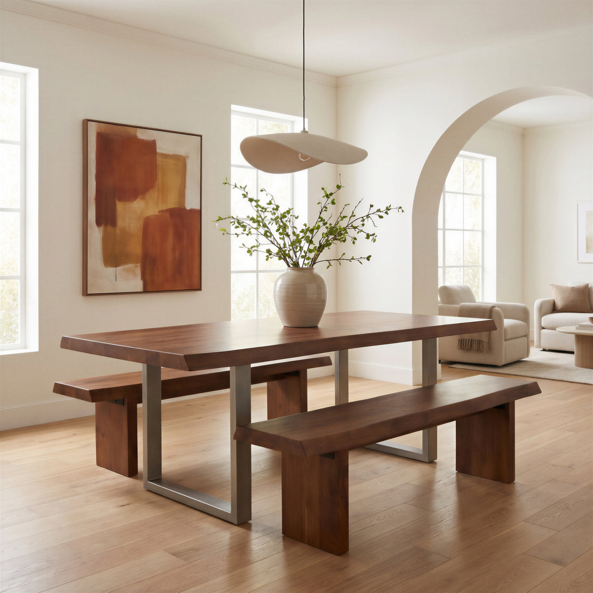 Brooks Dining Table - U Base by Urbia, side view with live-edge top and twin benches in a bright living space