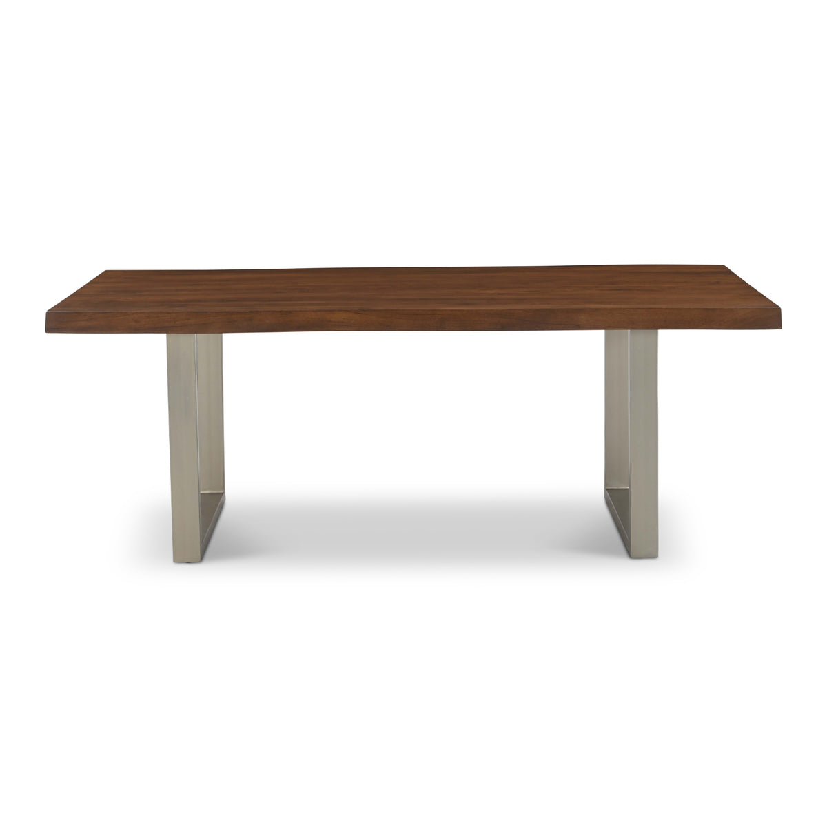 Brooks Dining Table - U Base by Urbia — side profile with a rich warm brown acacia top and light U-shaped supports