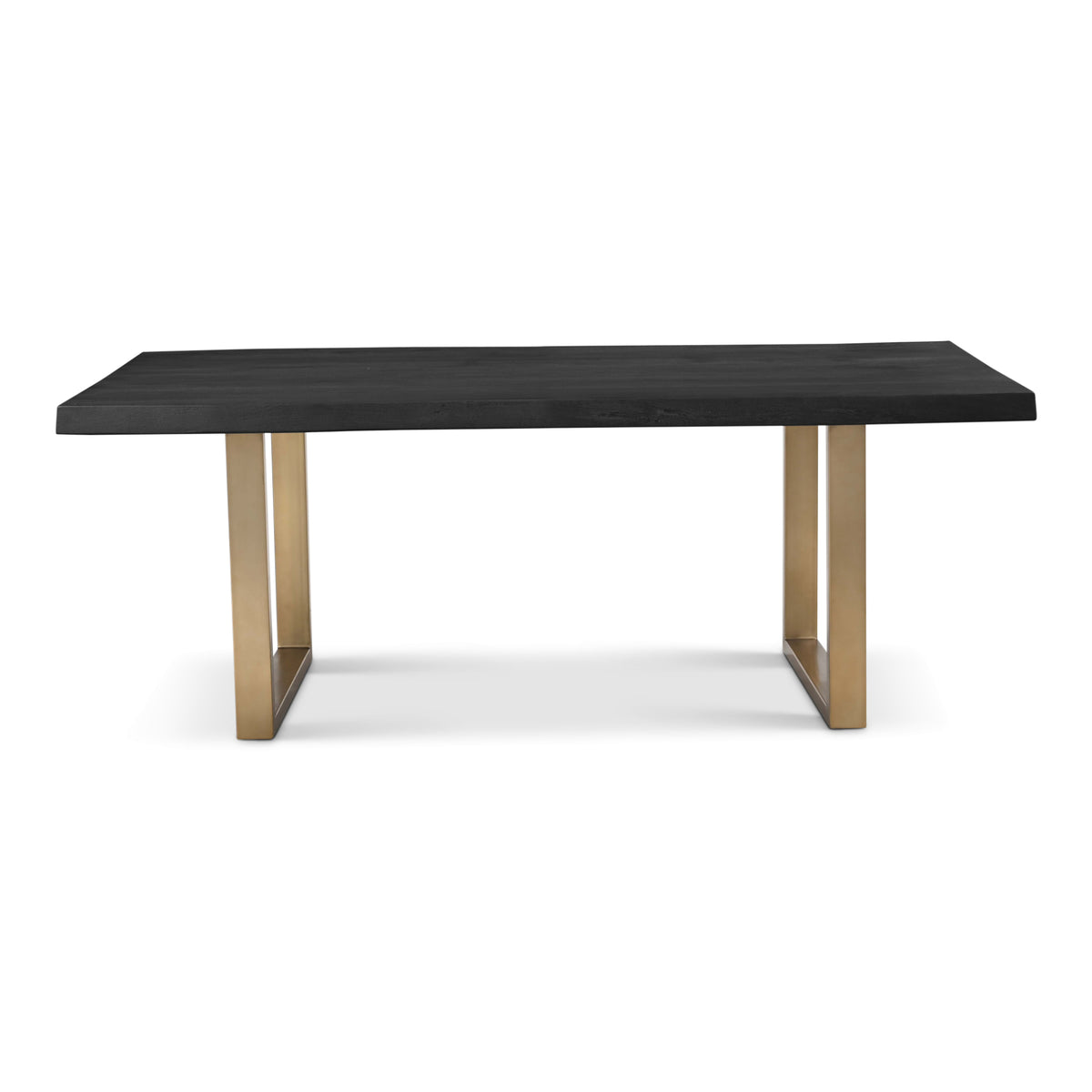 Brooks Dining Table - U Base by Urbia — side profile with a black acacia tabletop and warm brass-toned U-shaped supports