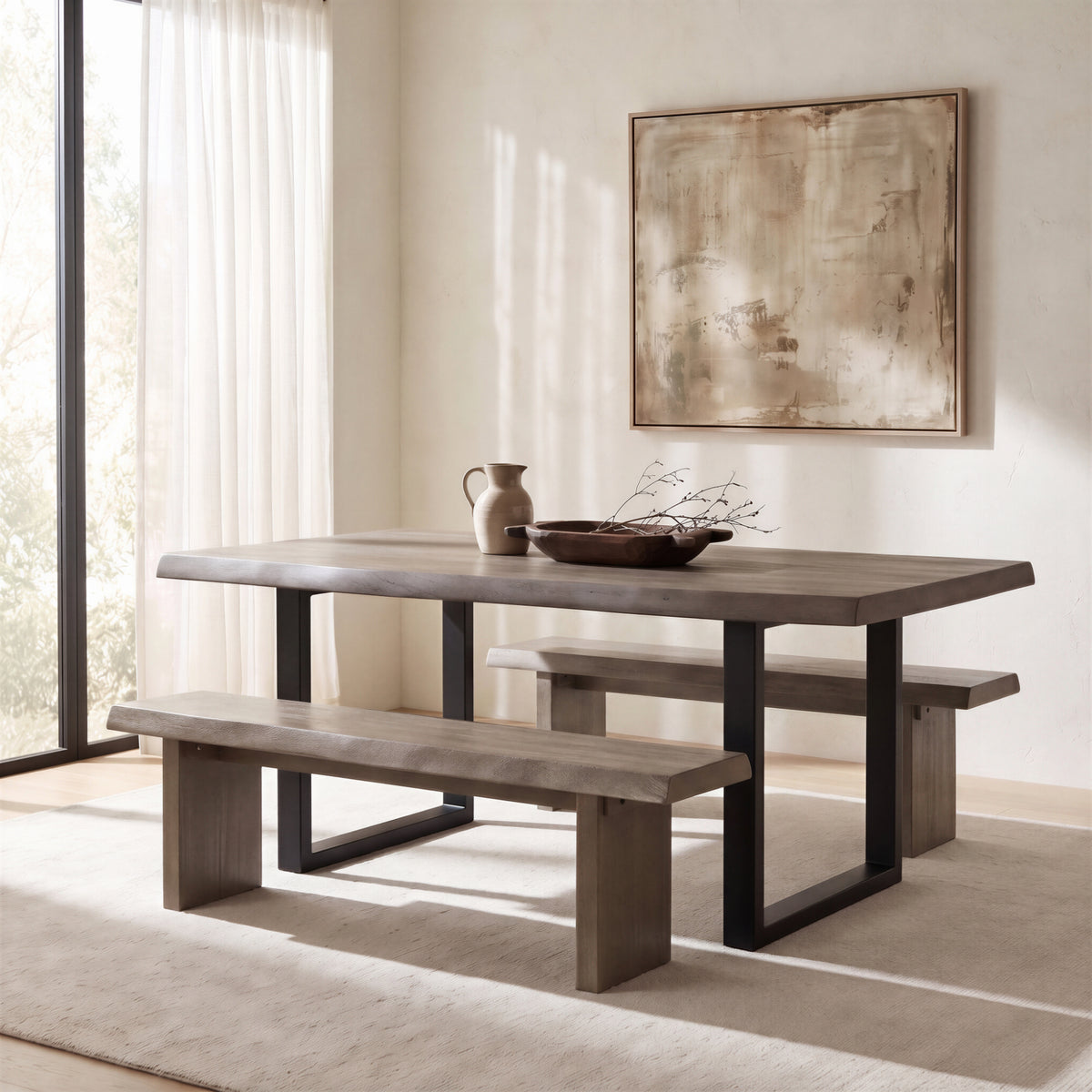 Brooks Dining Table - U Base by Urbia, solid acacia table with two benches in a neutral dining-room setting