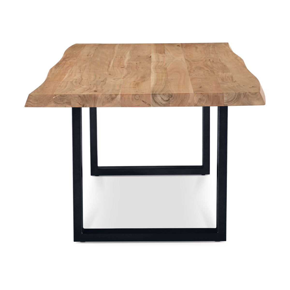 Brooks Dining Table - U Base by Urbia — end view emphasizing the live-edge acacia top and rectangular metal base