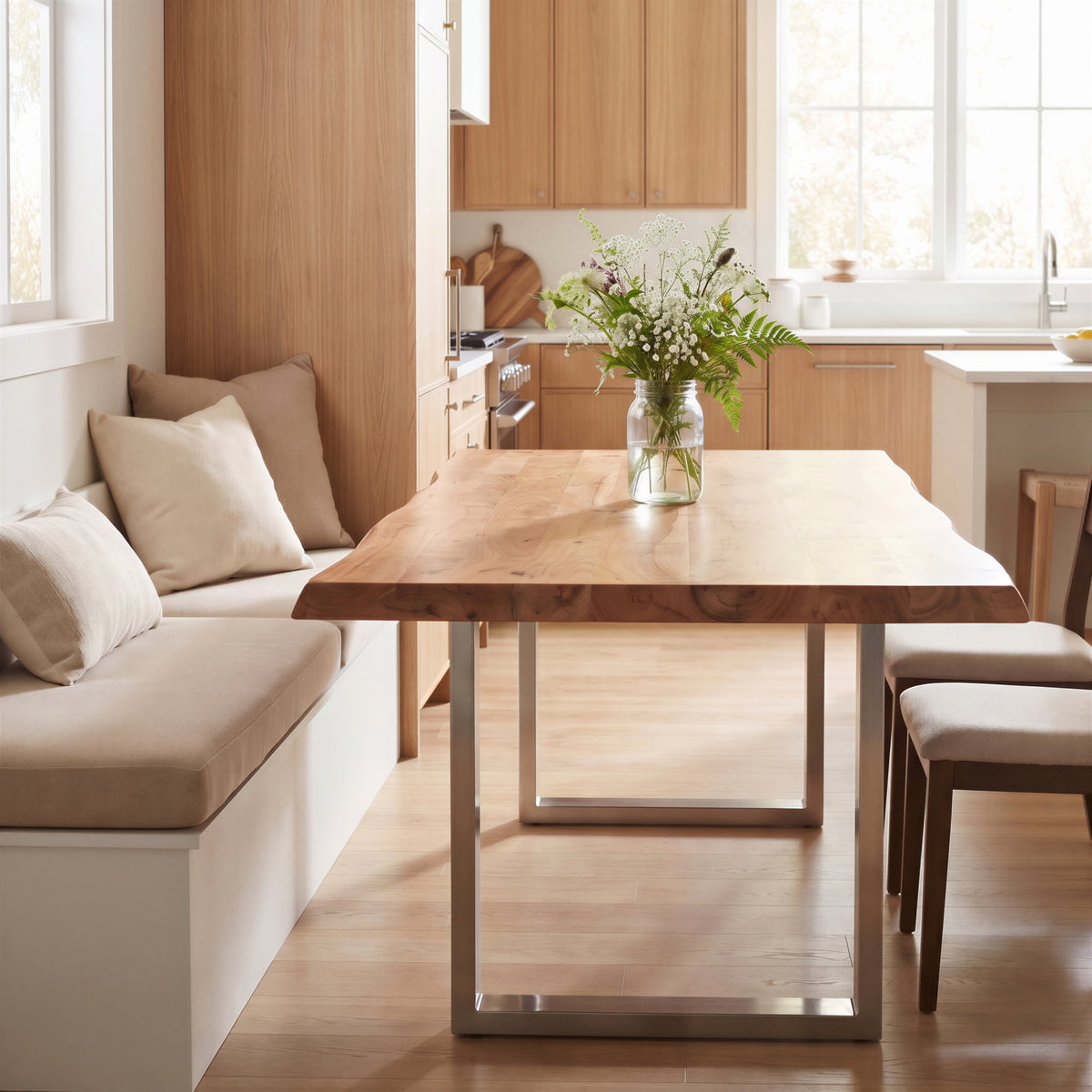 Brooks Dining Table - U Base by Urbia, tabletop view in a bright kitchen with built-in banquette seating
