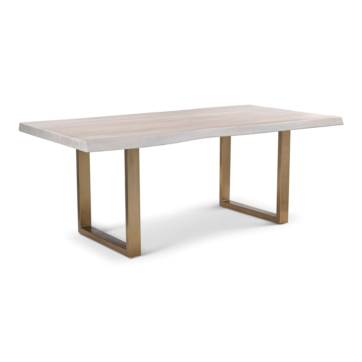 Brooks Dining Table - U Base by Urbia — 79-inch White Wash acacia top with Brass U base, three-quarter view
