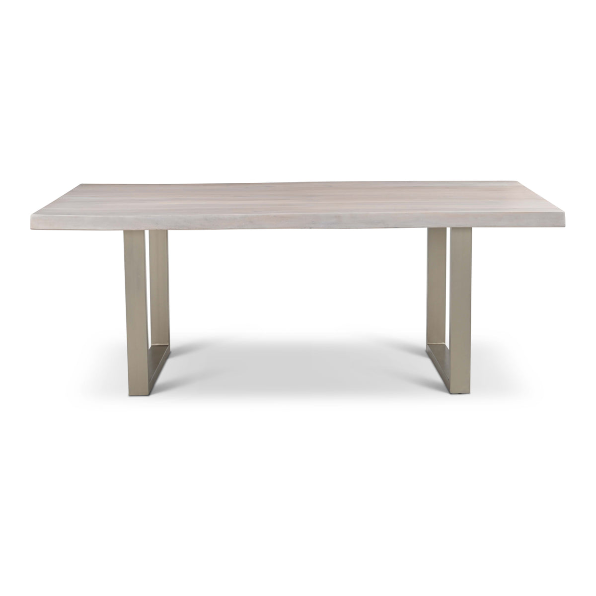 Brooks Dining Table - U Base by Urbia — side profile with a pale gray-toned acacia top and paired light U-shaped supports