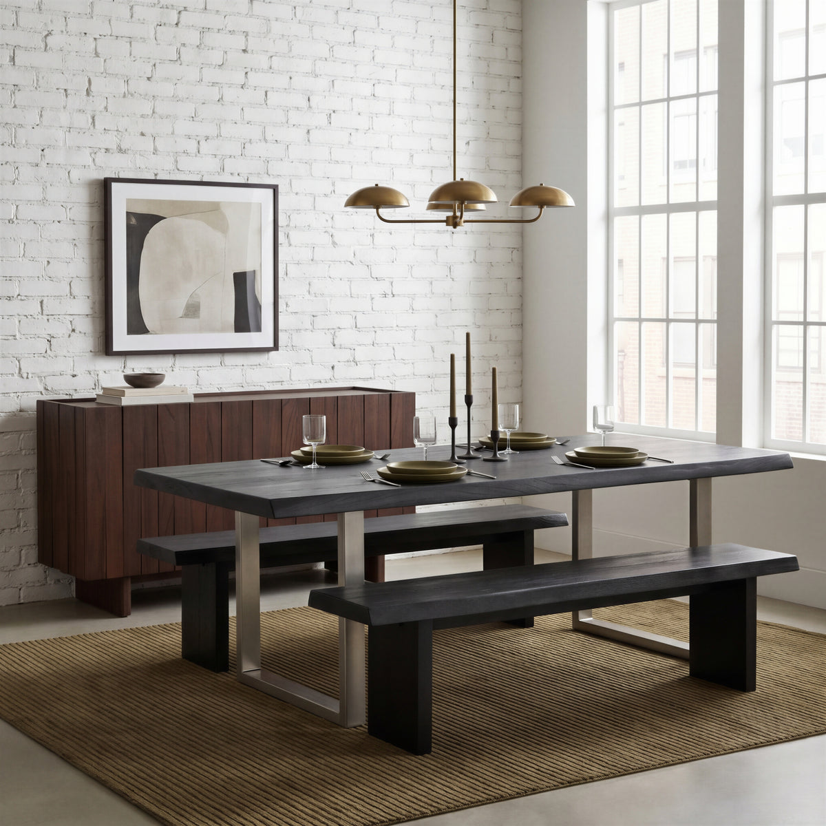 Brooks Dining Table - U Base by Urbia, front three-quarter view with twin benches against a white brick wall