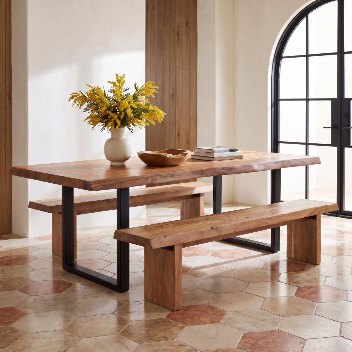 Brooks Dining Table - U Base by Urbia, angled dining-room setting with twin benches and floral centerpiece