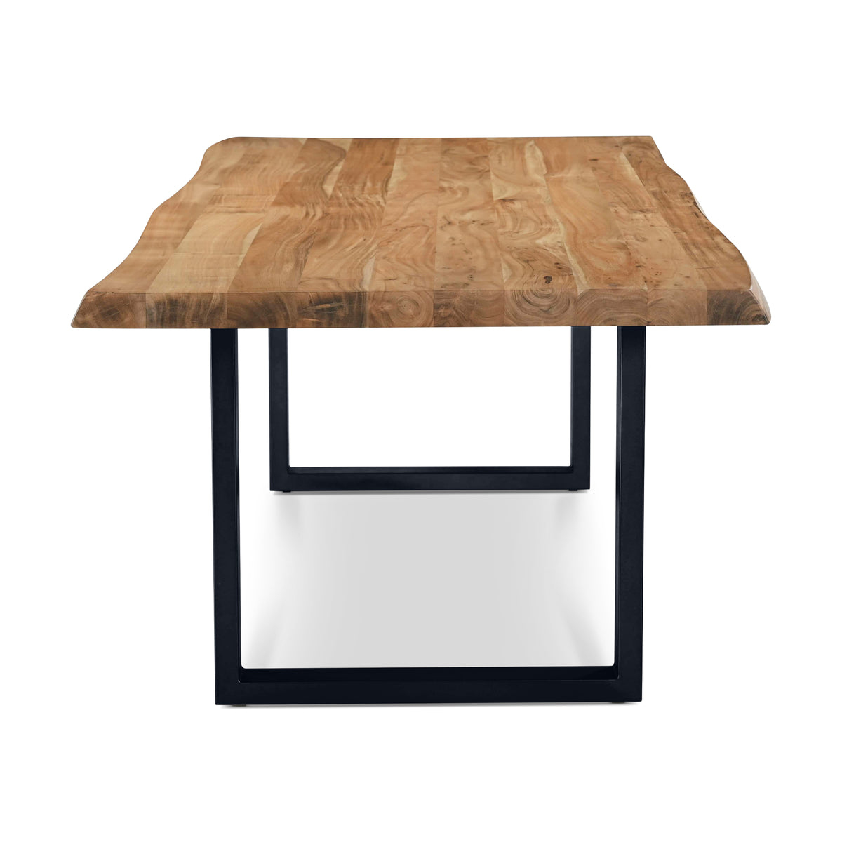 Brooks Dining Table - U Base by Urbia — close end view of the live-edge top and U-shaped metal frame