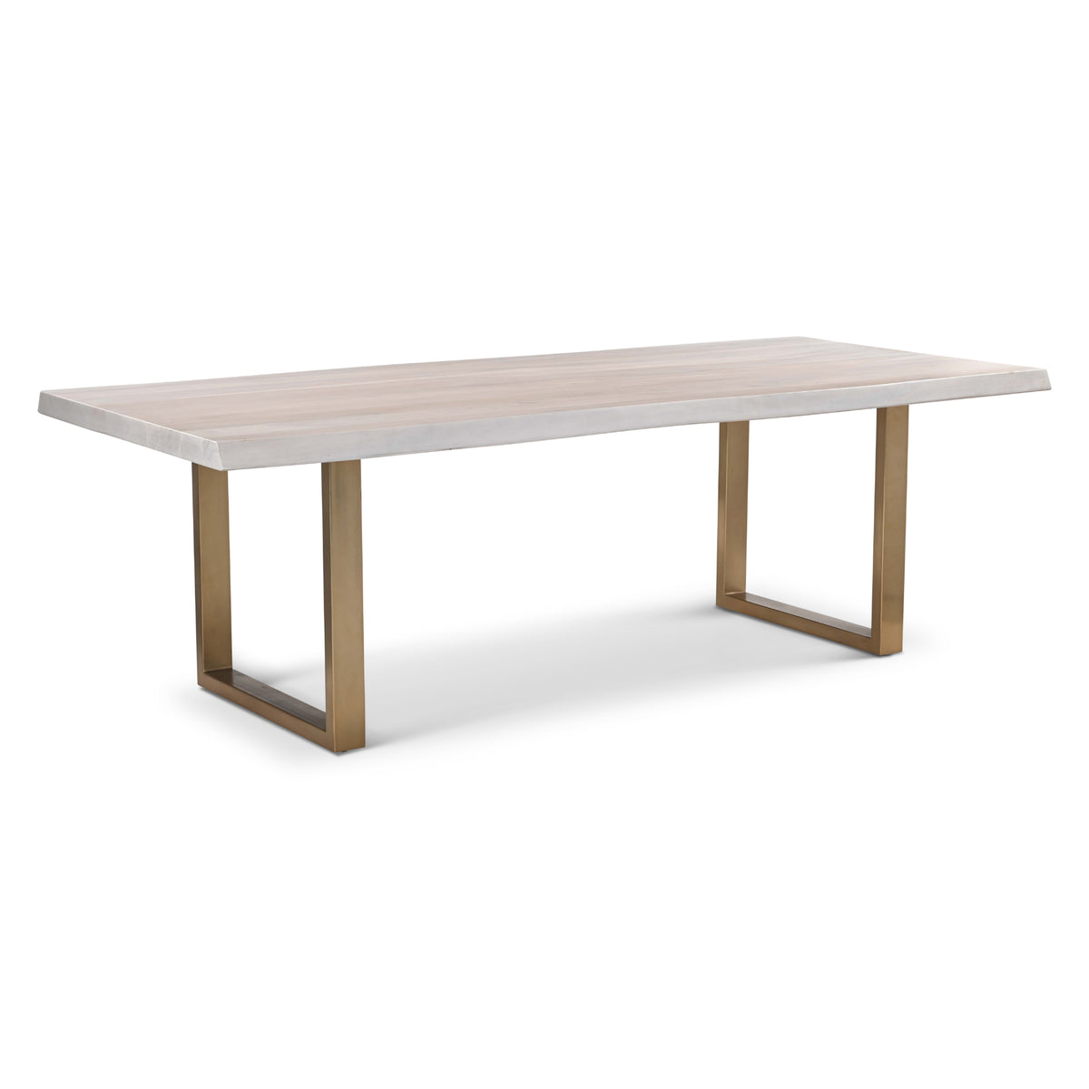 Brooks Dining Table - U Base by Urbia — 92-inch White Wash acacia top with Brass U base, three-quarter view