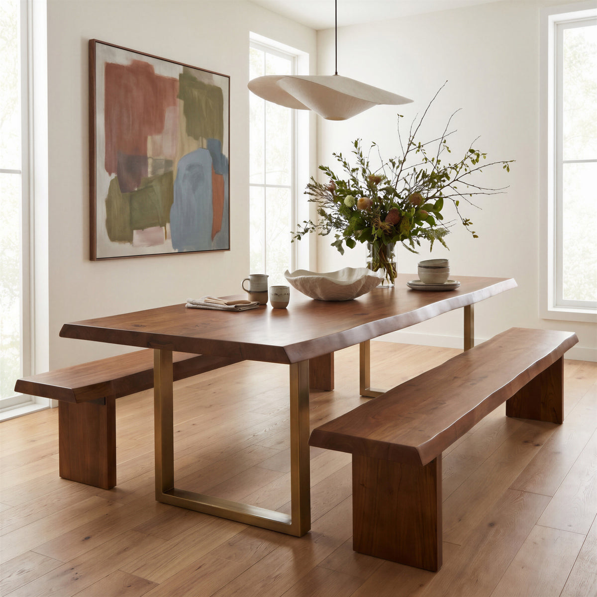 Brooks Dining Table - U Base by Urbia, angled in-room view with metal U base and twin benches