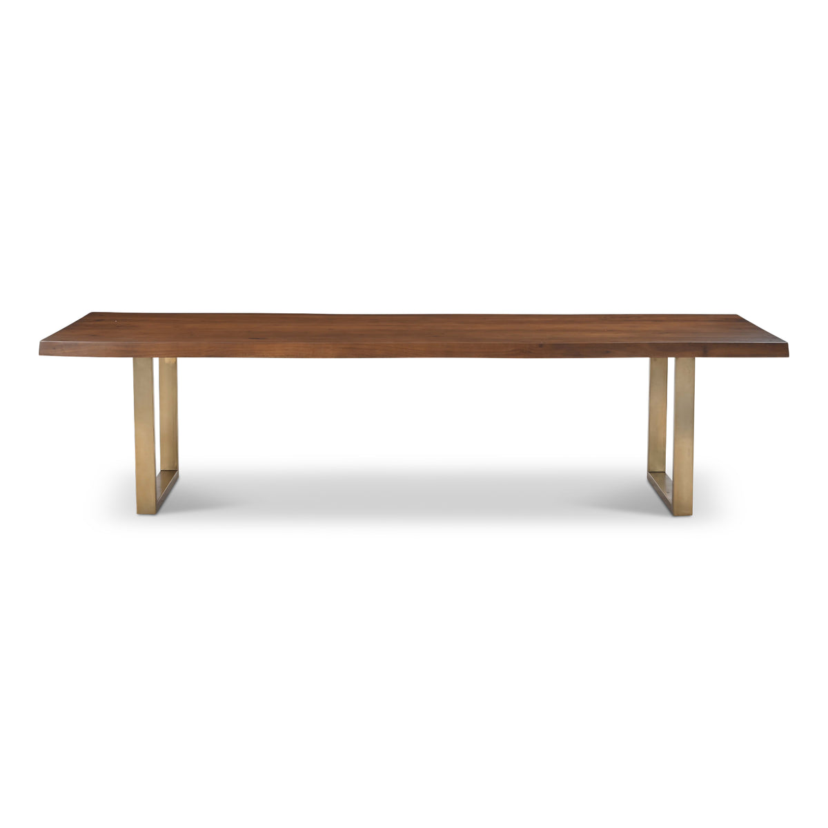 Brooks Dining Table - U Base by Urbia — wide side profile with warm-brown acacia top and twin gold-toned supports