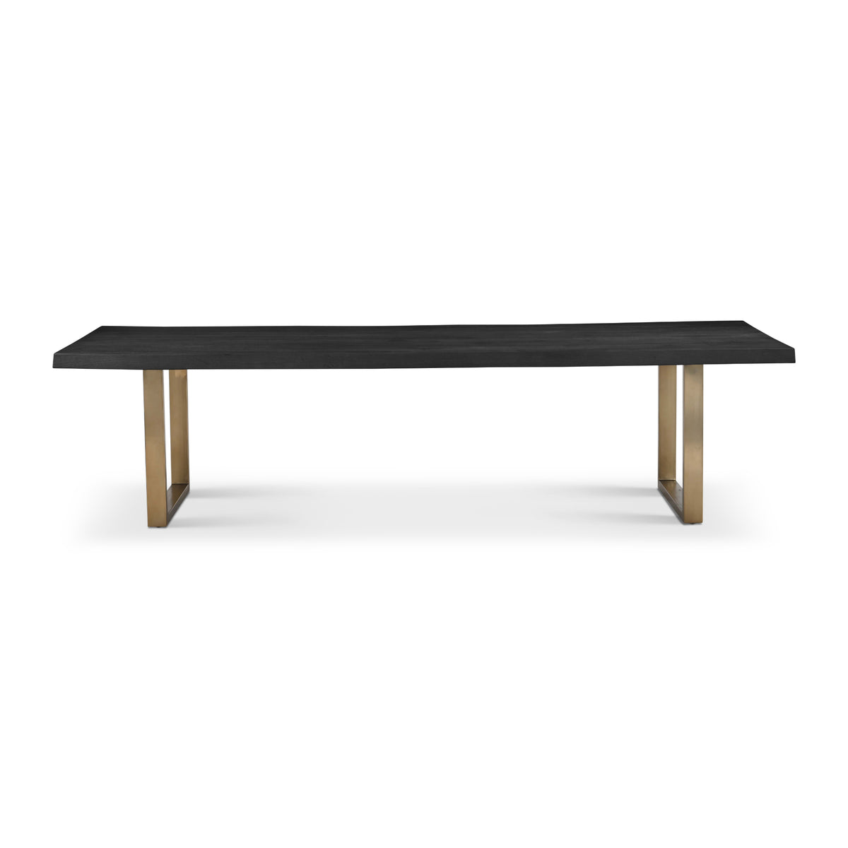 Brooks Dining Table - U Base by Urbia — wide side profile of the long black tabletop on two warm brass-toned supports