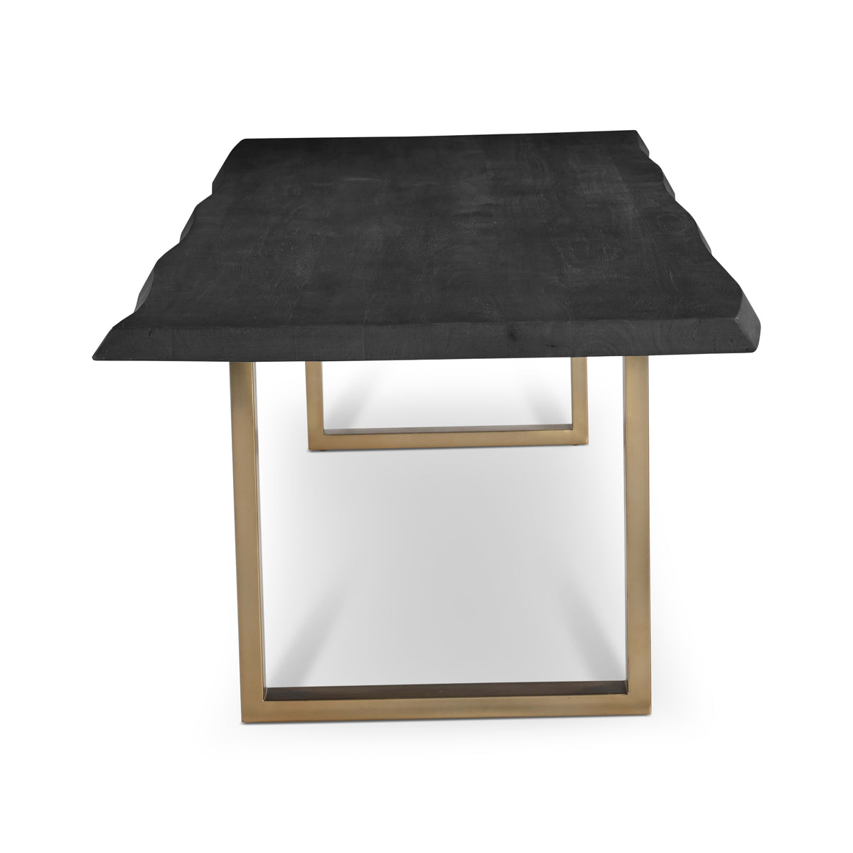 Brooks Dining Table - U Base by Urbia — end-on view of the long black top and rectangular warm brass-toned U frame