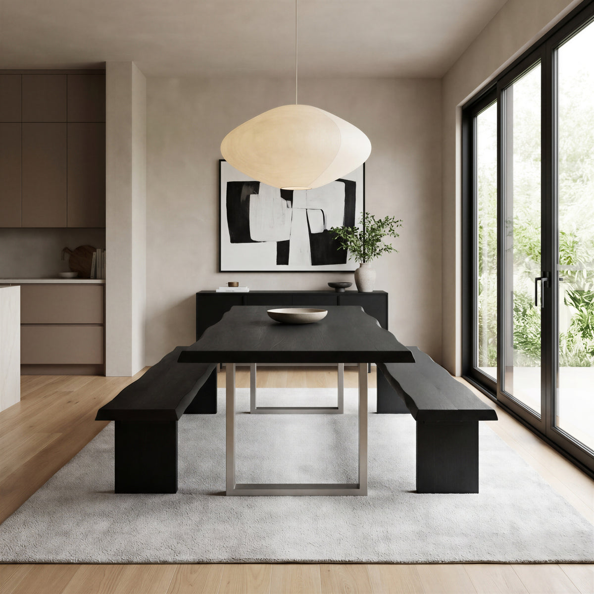 Brooks Dining Table - U Base by Urbia, centered front view with twin benches beneath a white pendant