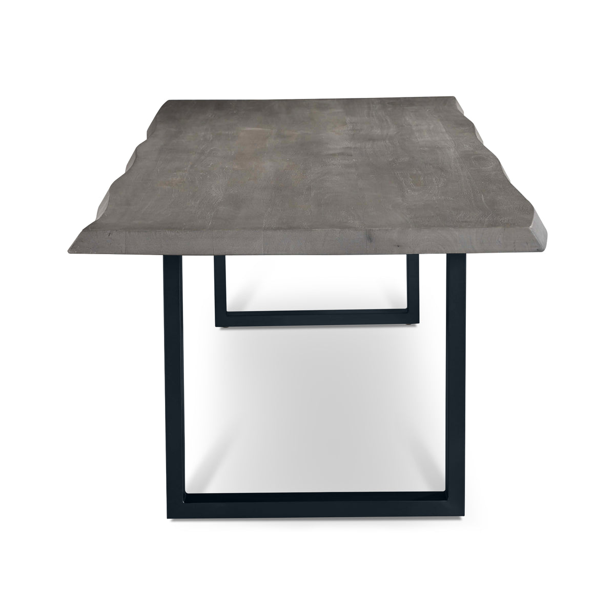 Brooks Dining Table - U Base by Urbia — end view highlighting the gray-toned acacia live edge and inset metal base