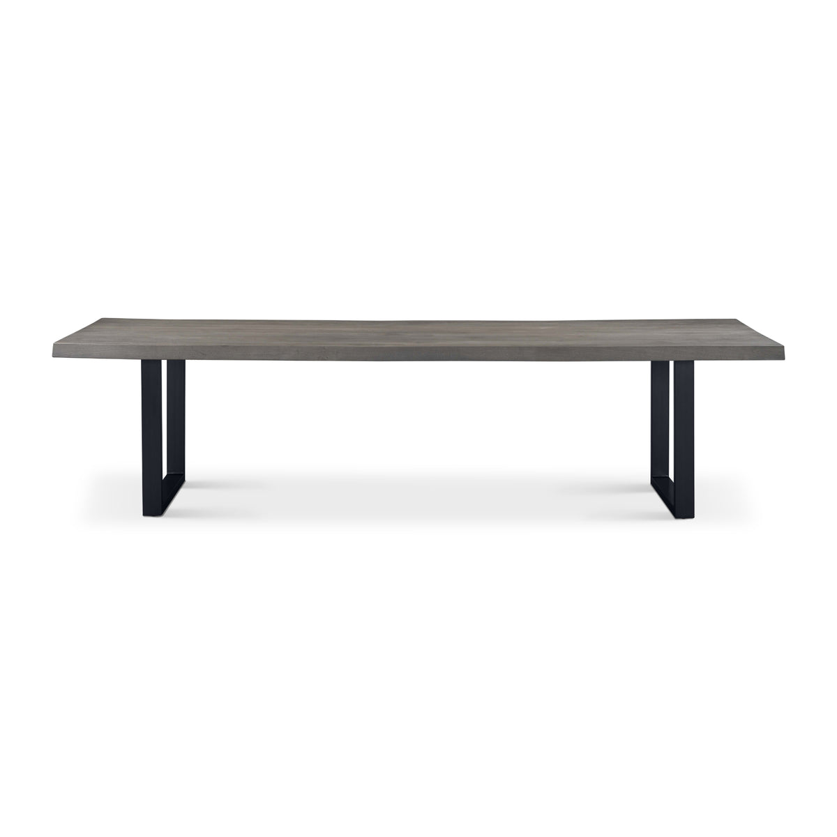 Brooks Dining Table - U Base by Urbia — low side profile of the gray-toned acacia table with U-shaped metal supports