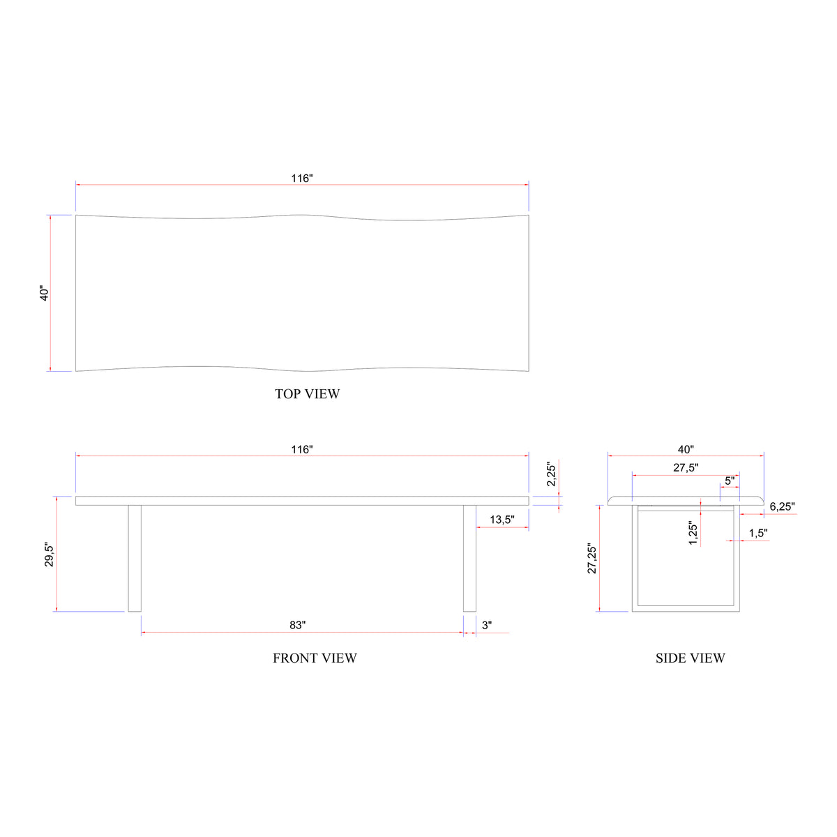 Brooks Dining Table - U Base by Urbia — 116-inch dimensional diagram with top, front and side measurements