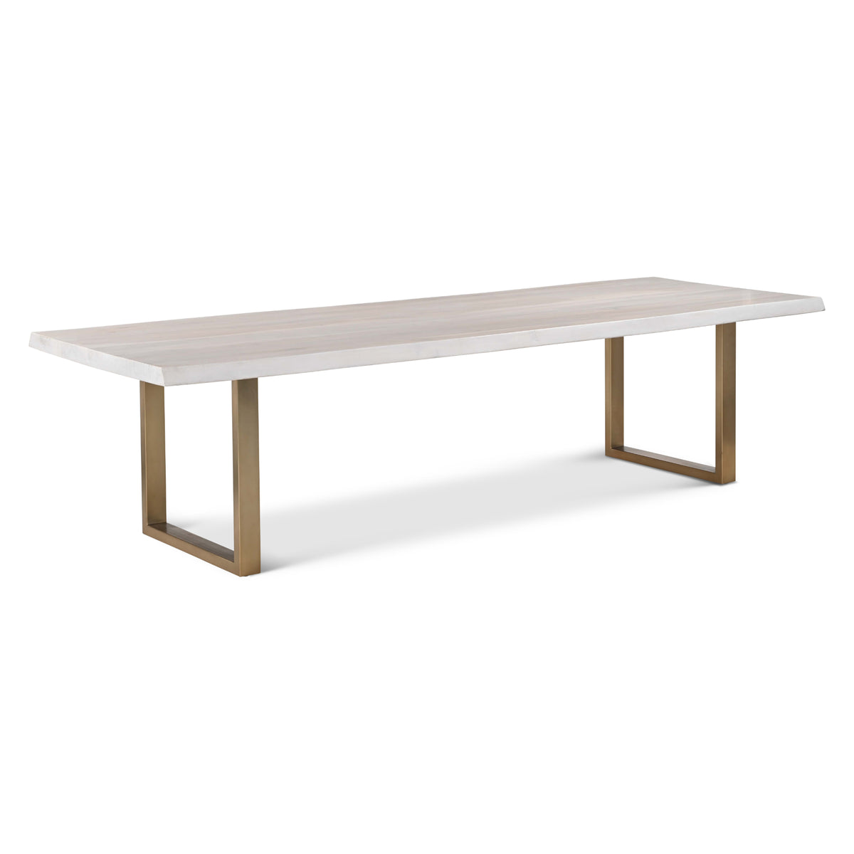 Brooks Dining Table - U Base by Urbia — 116-inch White Wash acacia top with Brass U base, three-quarter view