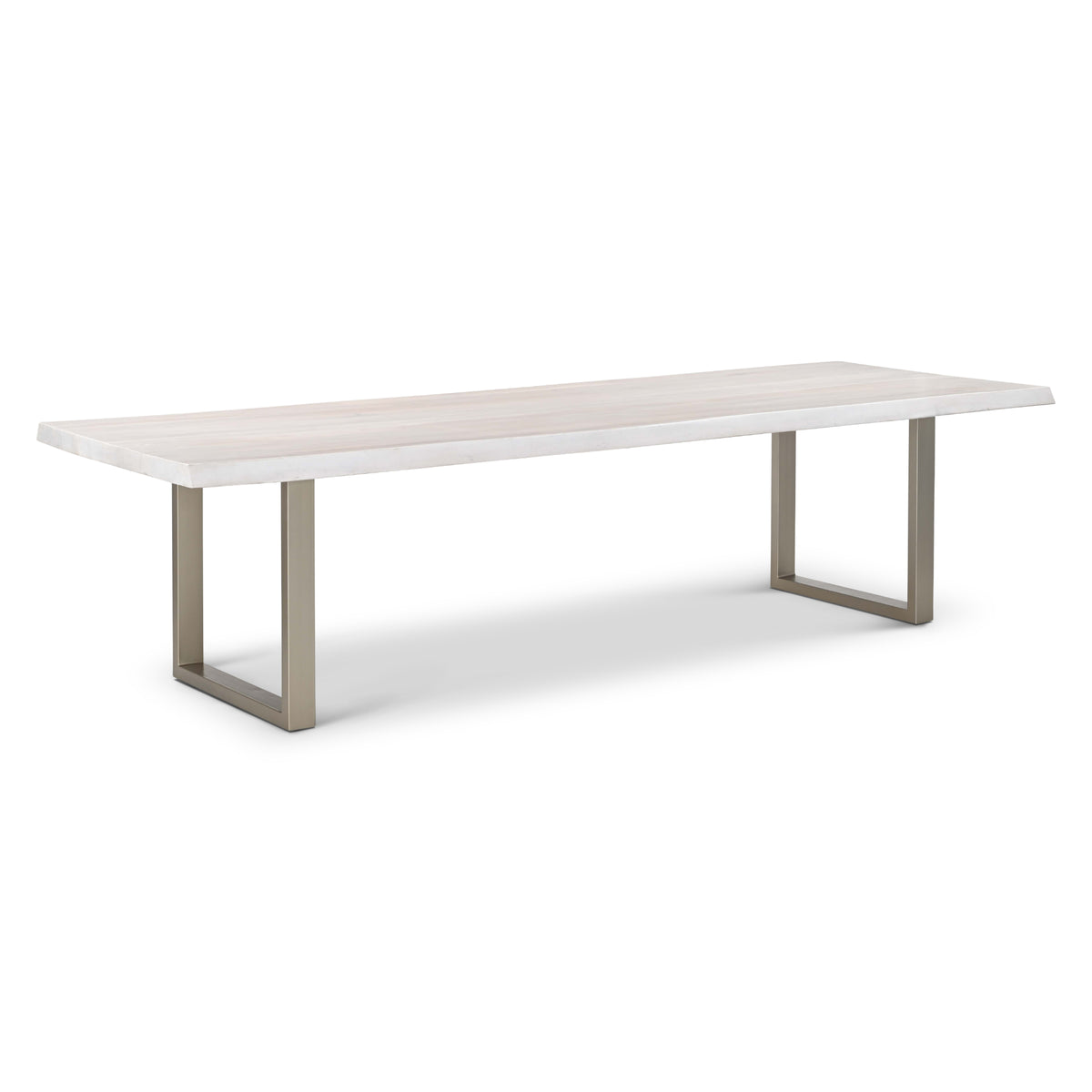 Brooks Dining Table - U Base by Urbia, 116-inch White Wash color with Pewter base, three-quarter view