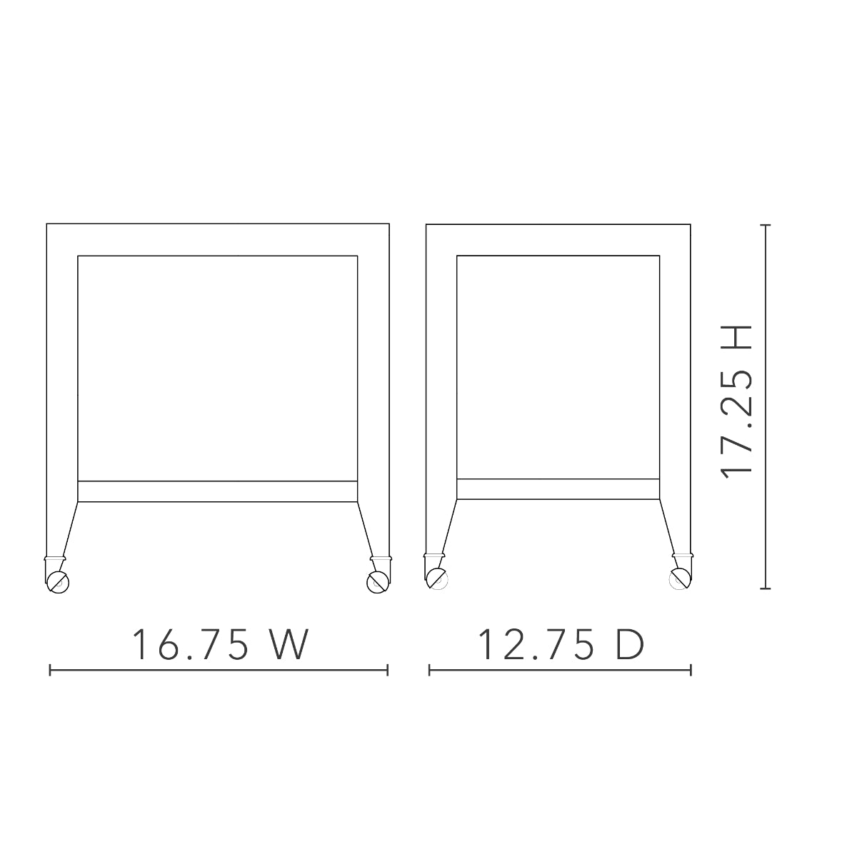 Isadora Tea Table with Glass Top by Villa & House, dimensional diagram showing 16.75-inch width, 12.75-inch depth, and 17.25-inch height.