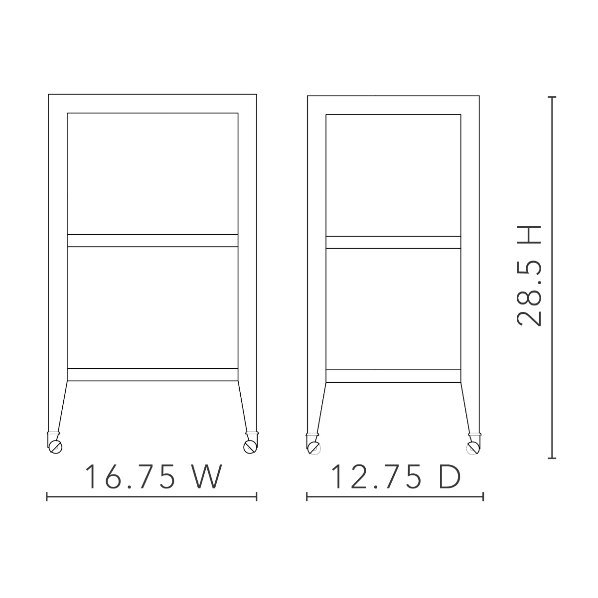Isadora Side Table with Glass Top dimension diagram showing 16.75 in. width, 12.75 in. depth and 28.5 in. height.