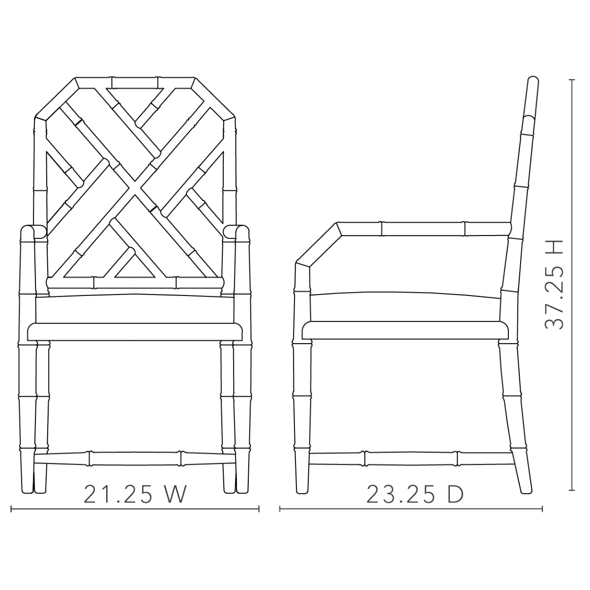 Jardin Armchair dimensions diagram — 21.25-inch width, 23.25-inch depth and 37.25-inch height, shown from front and side.
