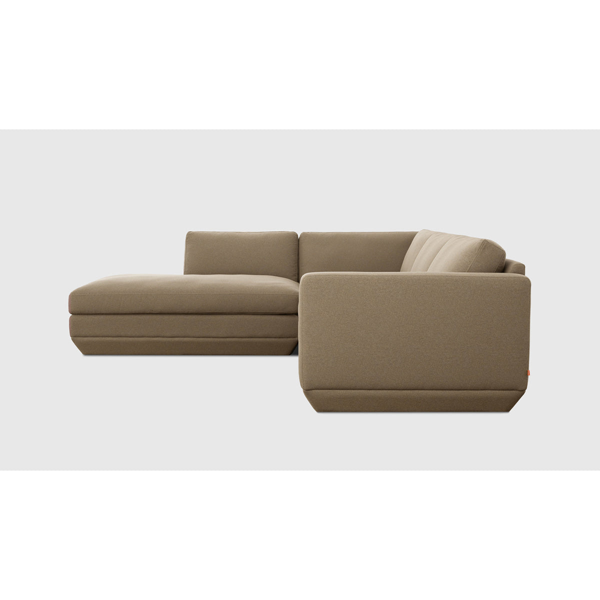 Podium Modular 4PC Lounge Sectional A by Gus* with taupe upholstery, chaise-end side profile.