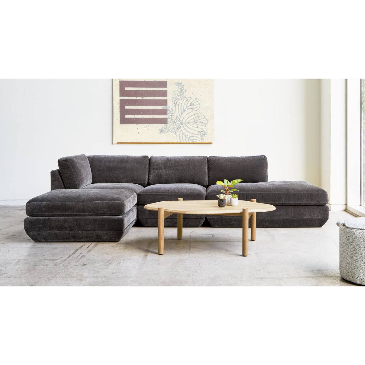 Podium Modular 4PC Lounge Sectional B - LF by Gus* — charcoal-gray upholstery in a living room setting