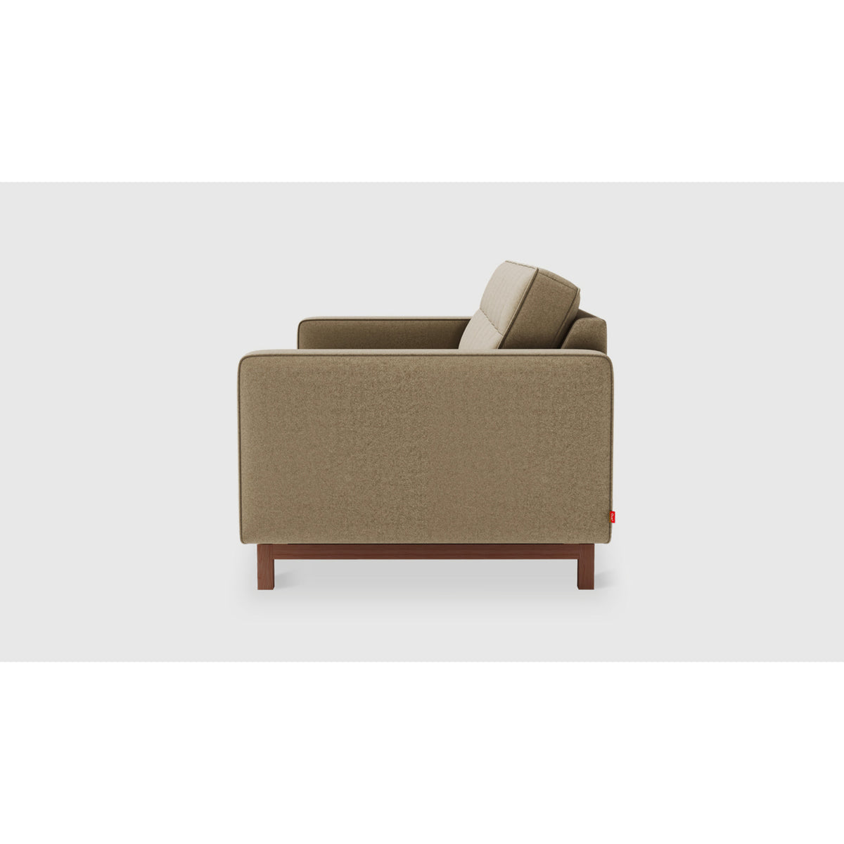 Jane 2 Loft Sofa by Gus* in taupe upholstery, side profile showing slim track arms and inset wood base